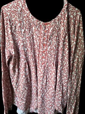 Lands' End Red Floral Pintuck Long-Sleeve Tee